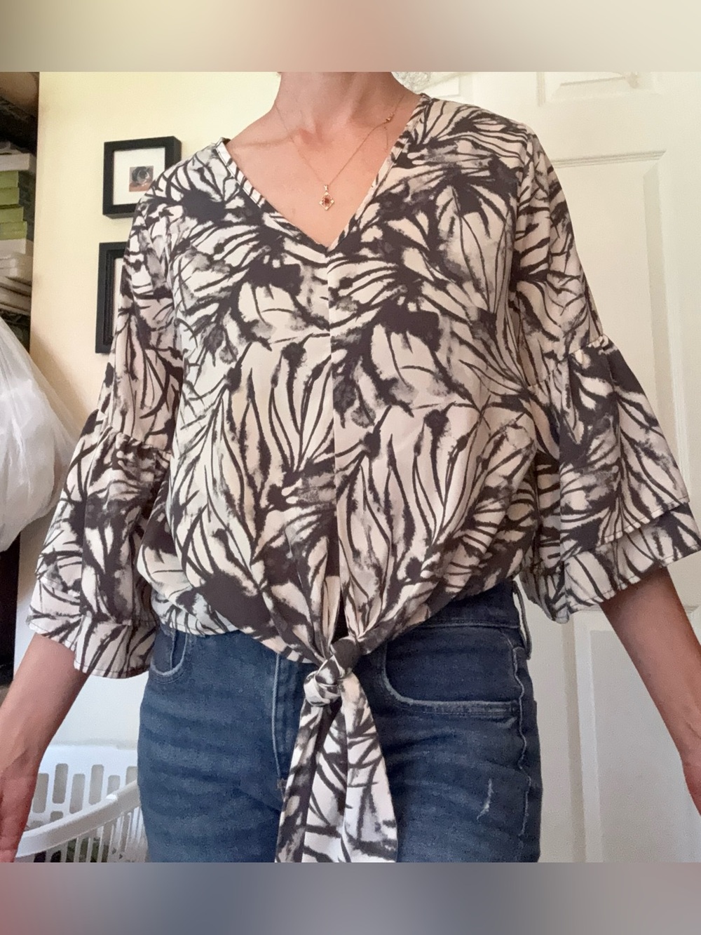 Tiedye Tie-Front V-Neck Printed Women's Top Bell Sleeves